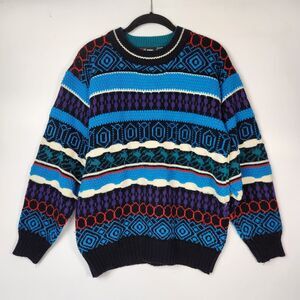 VTG 90s Sweater Sz M Eclectic Grandpa Style Geometric Futurism 80s Knitted Retro